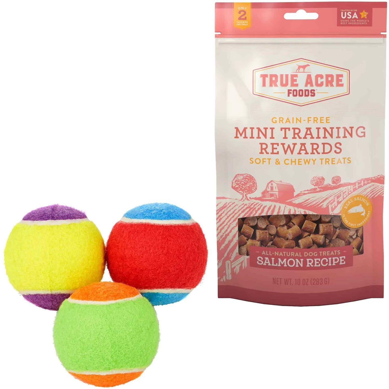 Frisco Fetch Squeaking Colorful Tennis Ball Dog Toy & True Acre Foods Salmon Recipe Mini-Training Rewards Grain-Free Soft & Chewy Dog Treats