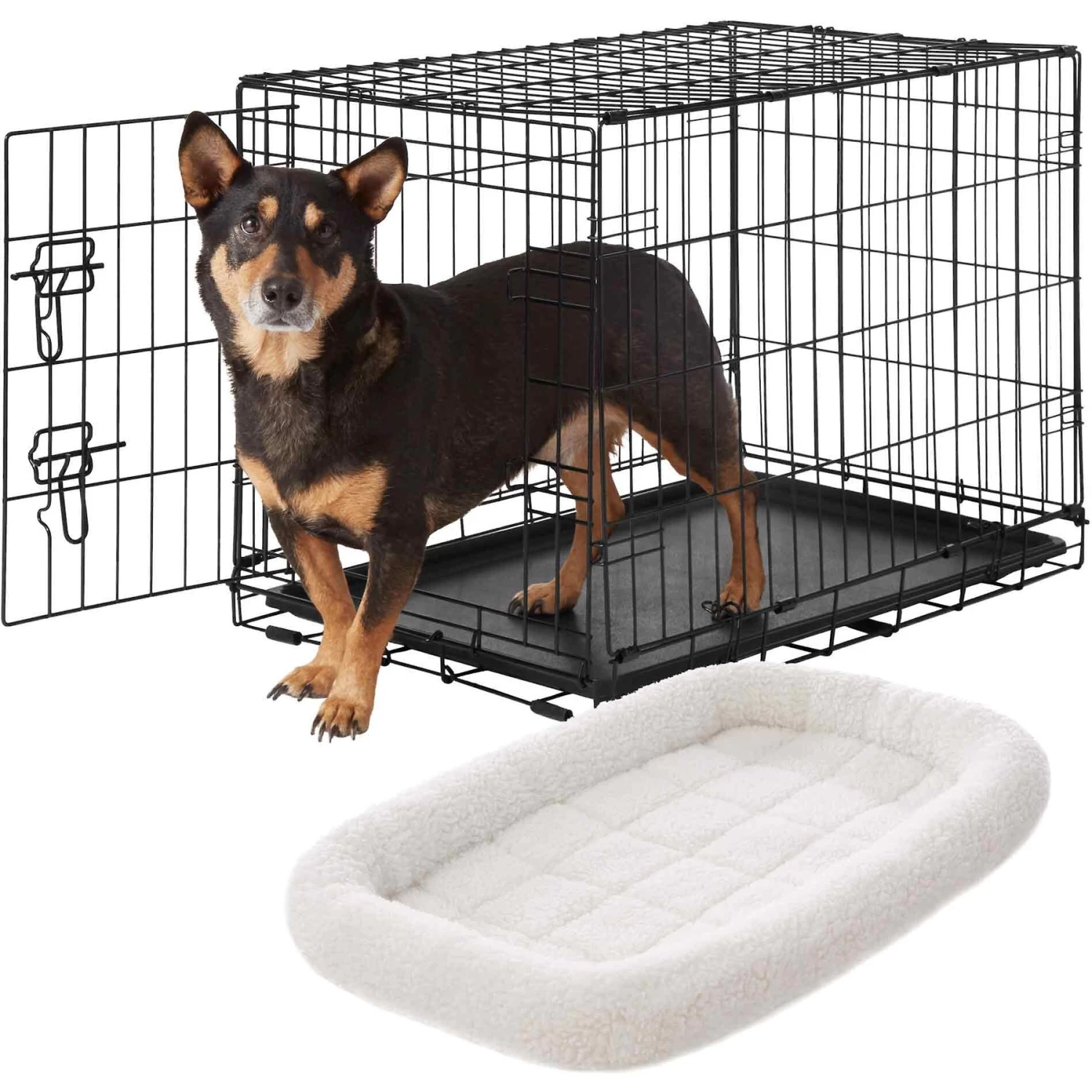Frisco Fold & Carry Single Door Collapsible Wire Dog Crate & Frisco Quilted Dog Crate Mat