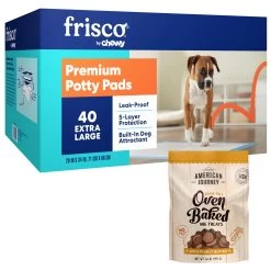 Frisco Premium Extra Large Dog Training & Potty Pads & American Journey Peanut Butter Recipe Grain-Free Oven Baked Crunchy Biscuit Dog Treats