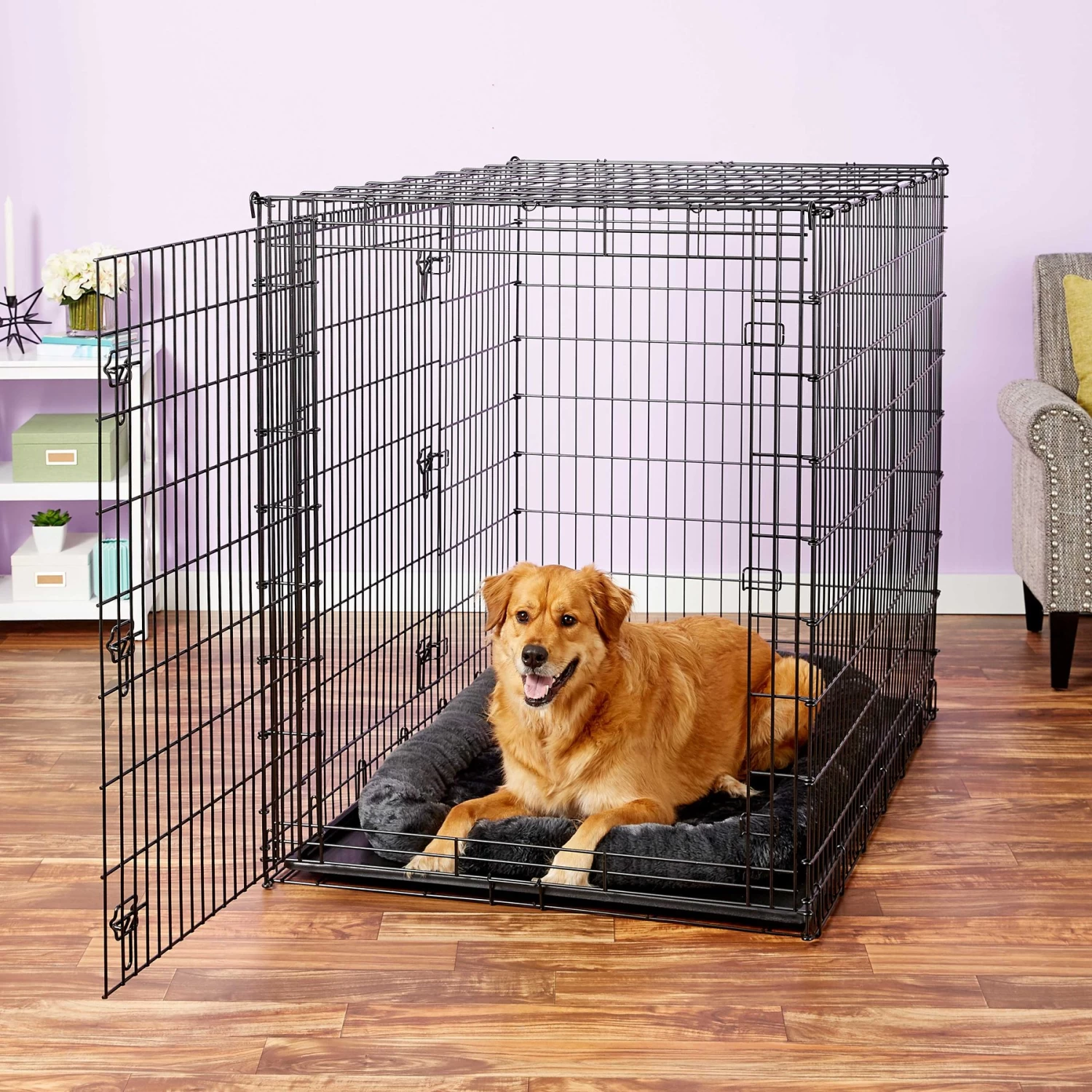 Frisco Heavy Duty Enhanced Lock Double Door Fold & Carry Wire Dog Crate & Mat Kit & MidWest Quiet Time Fleece Dog Crate Mat - Image 9